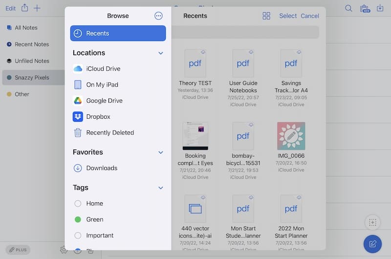import files to notability browser window