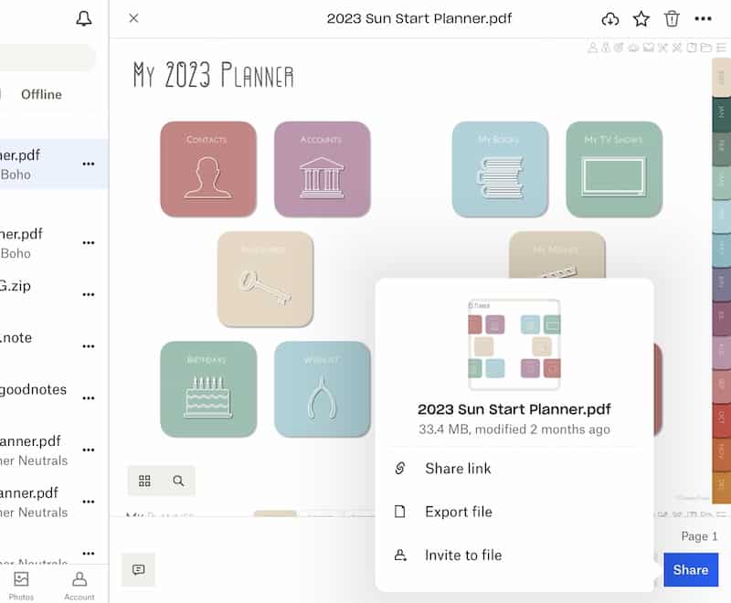 Dropbox App Share button export file pop up
